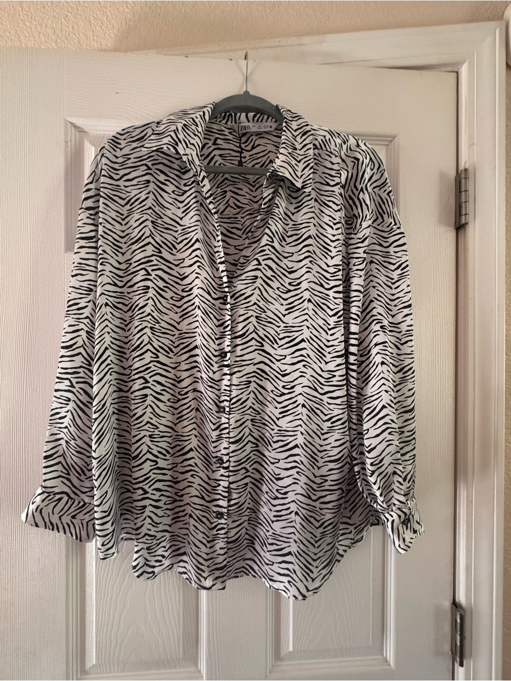 Satin Zebra Print Button-Up Blouse - Black & White